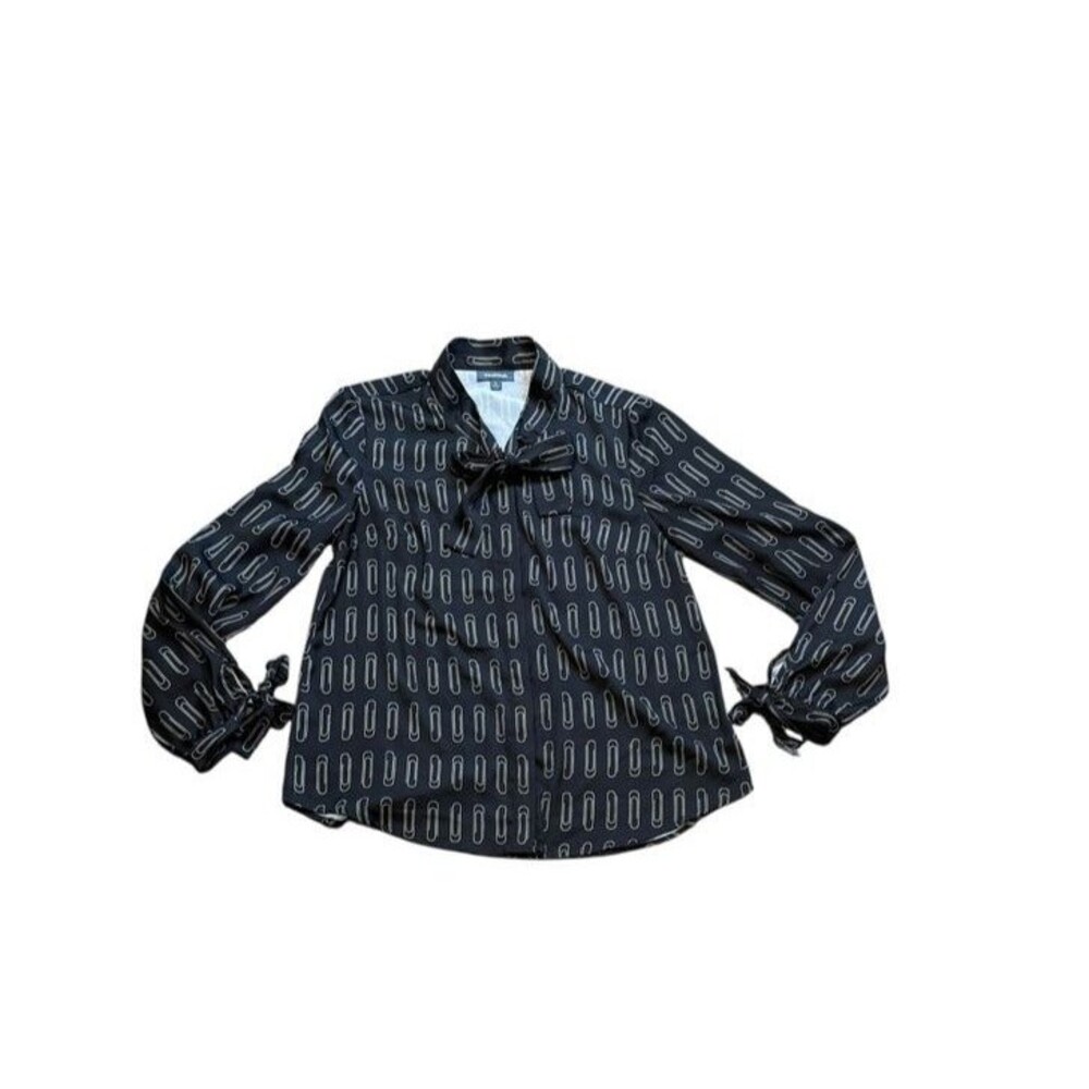 ModCloth Paperclip All Over Print Pussybow Tie Blouse Women's Size Large - Work